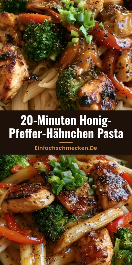 Draufsicht einer Bowl mit Honig-Pfeffer-Hähnchen Pasta, Brokkoli, Paprika und glänzender Glasur, garniert mit Frühlingszwiebeln.