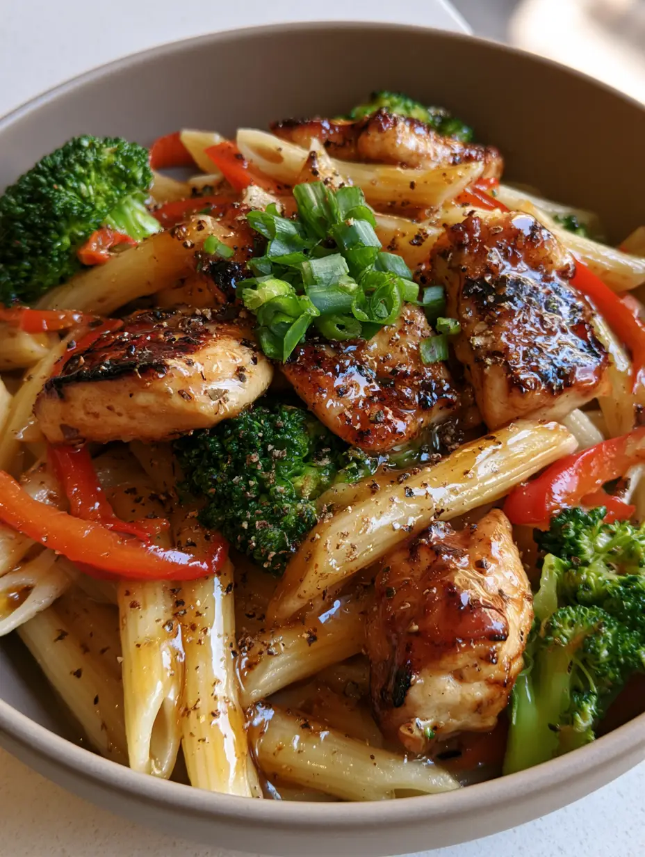 Nahaufnahme von Honig-Pfeffer-Hähnchen Pasta in einer Keramikschale mit viel grobem schwarzen Pfeffer.