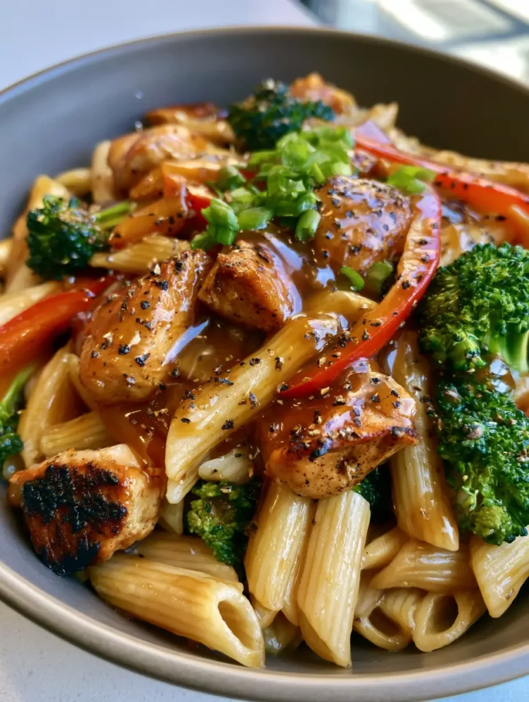 Servierfertige Honig-Pfeffer-Hähnchen Pasta mit buntem Gemüse in hellem Tageslicht.