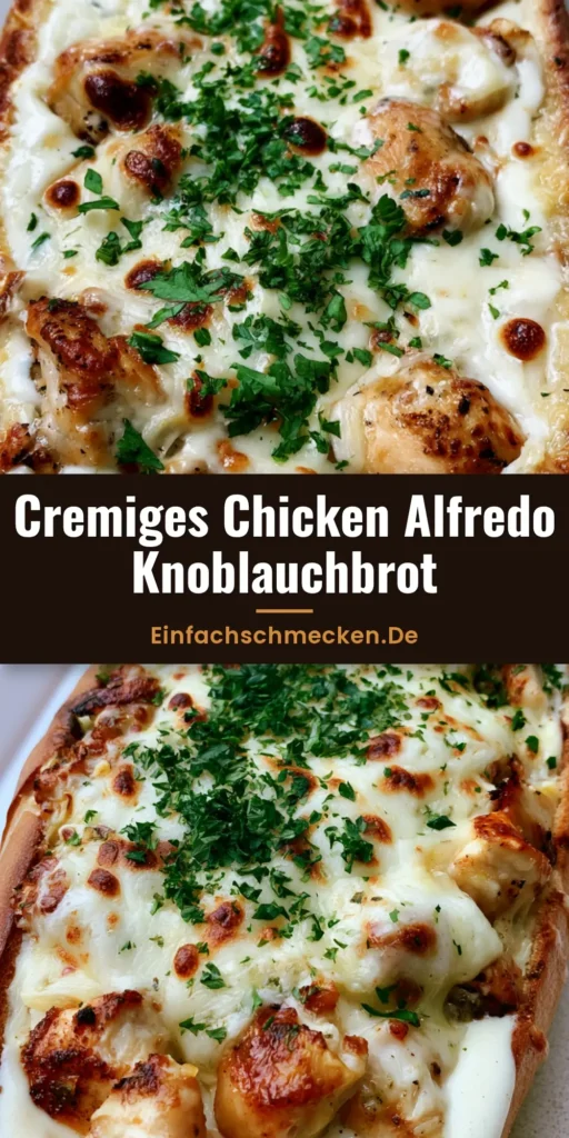 Chicken Alfredo Knoblauchbrot: Das ultimative cremige Comfort Food 4 Ein aufgeschnittenes Chicken Alfredo Knoblauchbrot mit geschmolzenem Käse und Petersilie, serviert auf einem Holztisch.