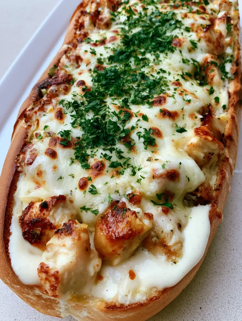 Nahaufnahme von Chicken Alfredo Knoblauchbrot mit knuspriger Kruste und cremiger Füllung.