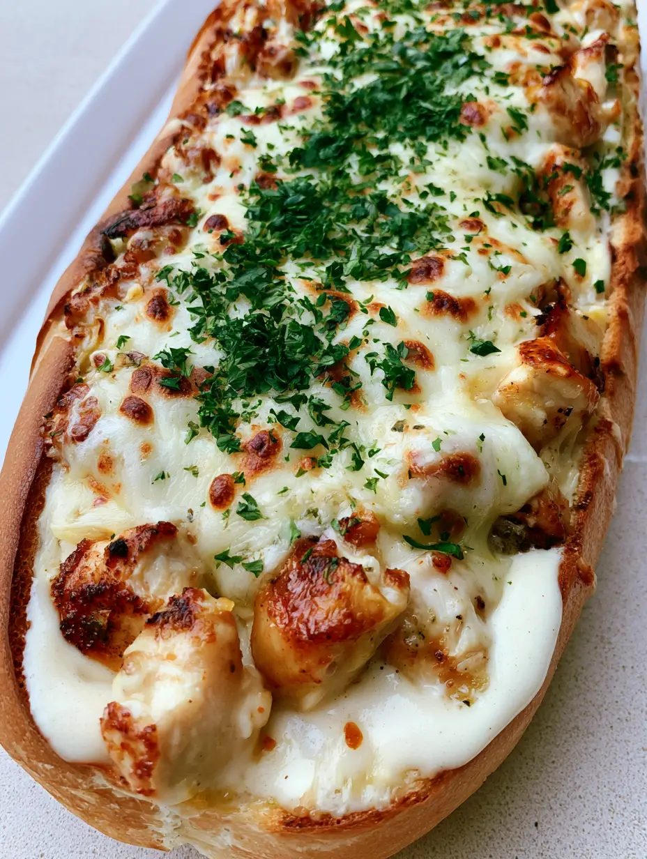 Chicken Alfredo Knoblauchbrot: Das ultimative cremige Comfort Food 3 Nahaufnahme von Chicken Alfredo Knoblauchbrot mit knuspriger Kruste und cremiger Füllung.