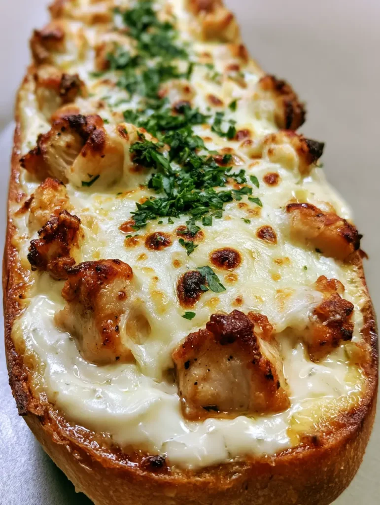 Chicken Alfredo Knoblauchbrot: Das ultimative cremige Comfort Food 1 Ein Stück Chicken Alfredo Knoblauchbrot wird hochgehoben, man sieht den schmelzenden Mozzarella.