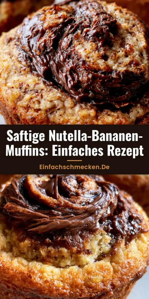 Draufsicht auf frisch gebackene Nutella-Bananen-Muffins mit einem glänzenden Schokoladenwirbel auf einer neutralen Oberfläche.