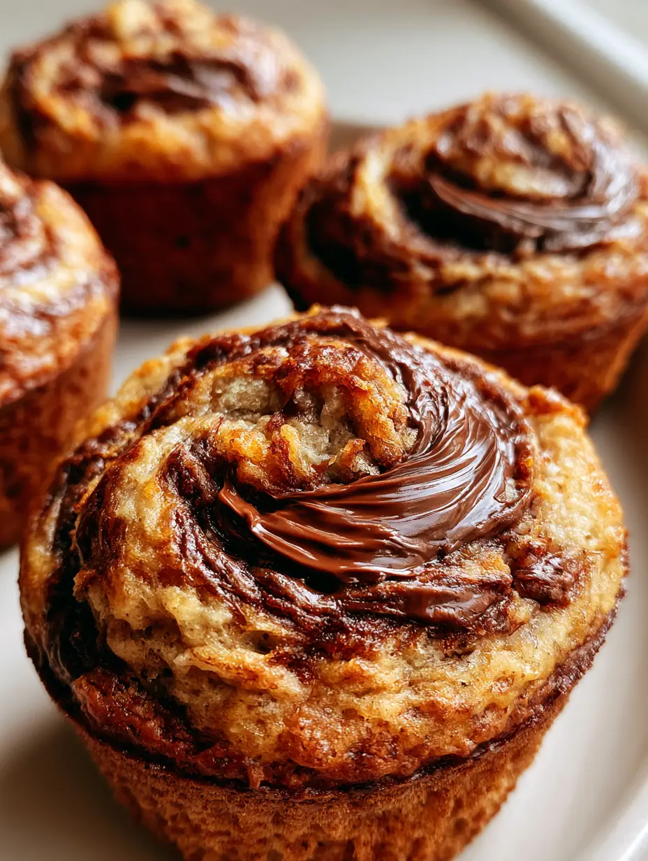Nahaufnahme eines aufgeschnittenen Nutella-Bananen-Muffins, der die feuchte Krume und den Schokoswirbel zeigt.