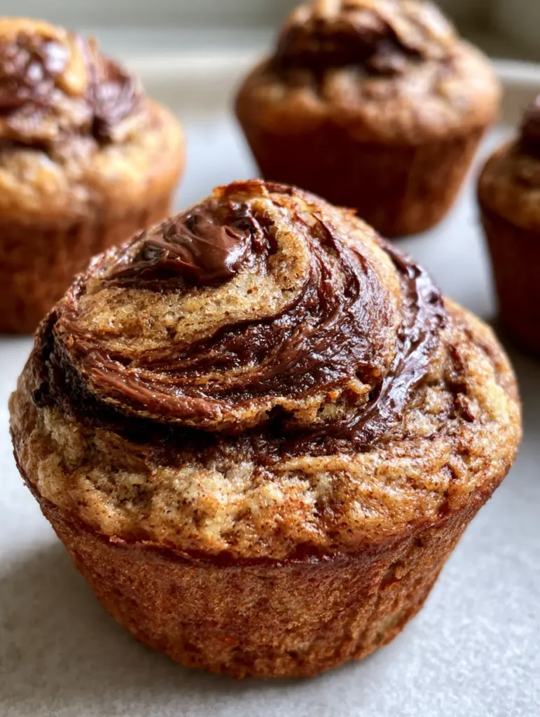 Mehrere Nutella-Bananen-Muffins in einem Muffinblech direkt nach dem Backen unter natürlichem Tageslicht.