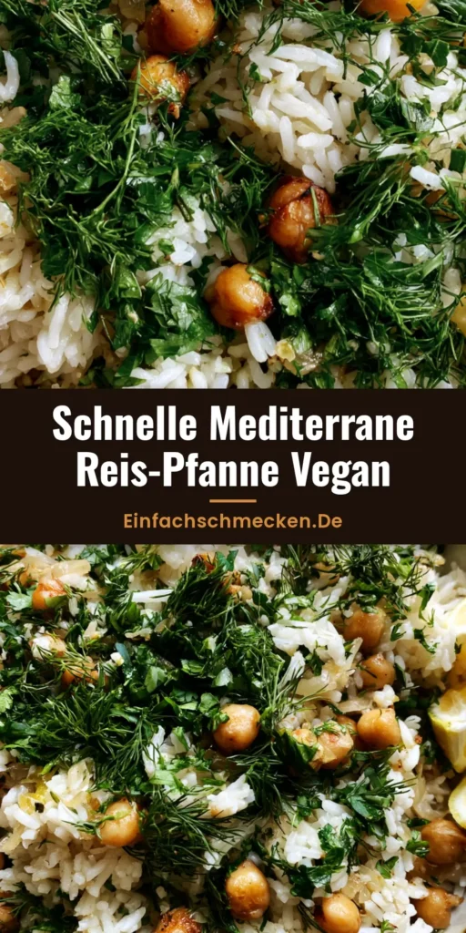 Draufsicht auf eine mediterrane Reis-Pfanne mit goldenen Kichererbsen, viel frischem Dill und Petersilie sowie Zitronenspalten in einer rustikalen Schüssel.