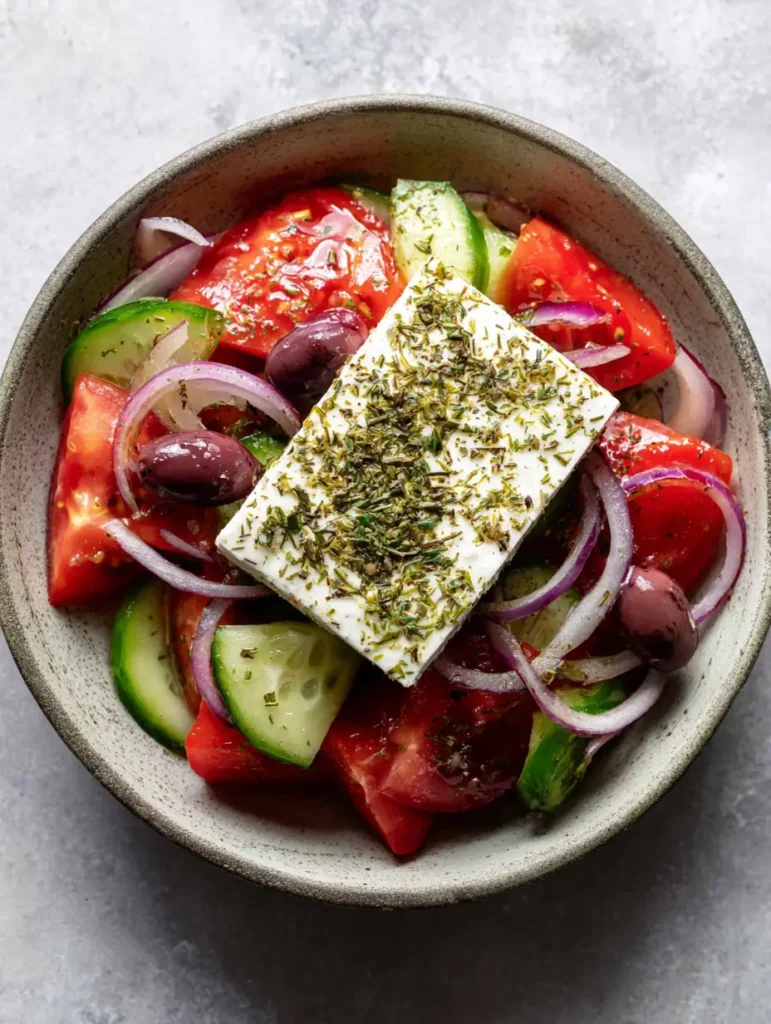 Draufsicht auf einen Griechischen Bauernsalat mit saftigen Tomaten und Olivenöl-Glanz.