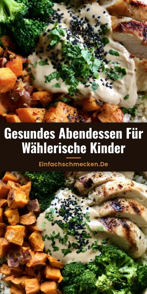Gesundes Abendessen für Kinder: Die bunte Regenbogen-Bowl 4 Draufsicht einer bunten Regenbogen-Bowl mit Quinoa, Süßkartoffeln und Brokkoli - ein gesundes Abendessen für Kinder.
