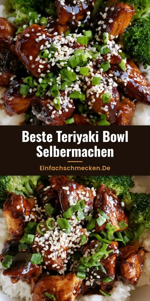 Draufsicht einer Teriyaki Hähnchen Bowl mit glänzendem Hähnchen, Jasminreis, Brokkoli, Sesam und Frühlingszwiebeln.