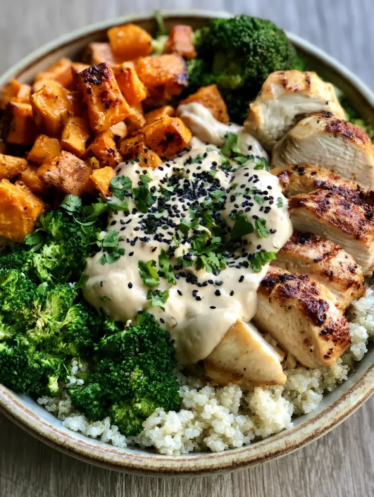 Nahaufnahme einer gesunden Bowl mit gegrilltem Hähnchen und cremiger Tahini-Sauce - gesundes Abendessen für Kinder.