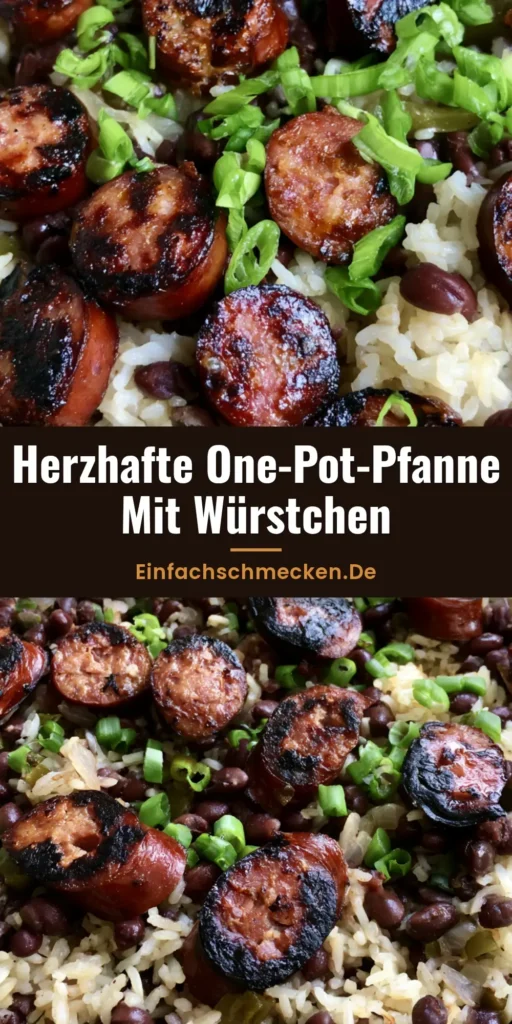 One-Pot-Gericht mit Würstchen: Das ultimative 30-Minuten-Feierabendessen 3 Ein rustikales One-Pot-Gericht mit Würstchen, Reis und schwarzen Bohnen in einer gusseisernen Pfanne, garniert mit Frühlingszwiebeln.