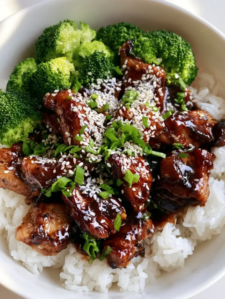 Nahaufnahme von saftigem Teriyaki Hähnchen mit dunkler Glasur auf weißem Reis.