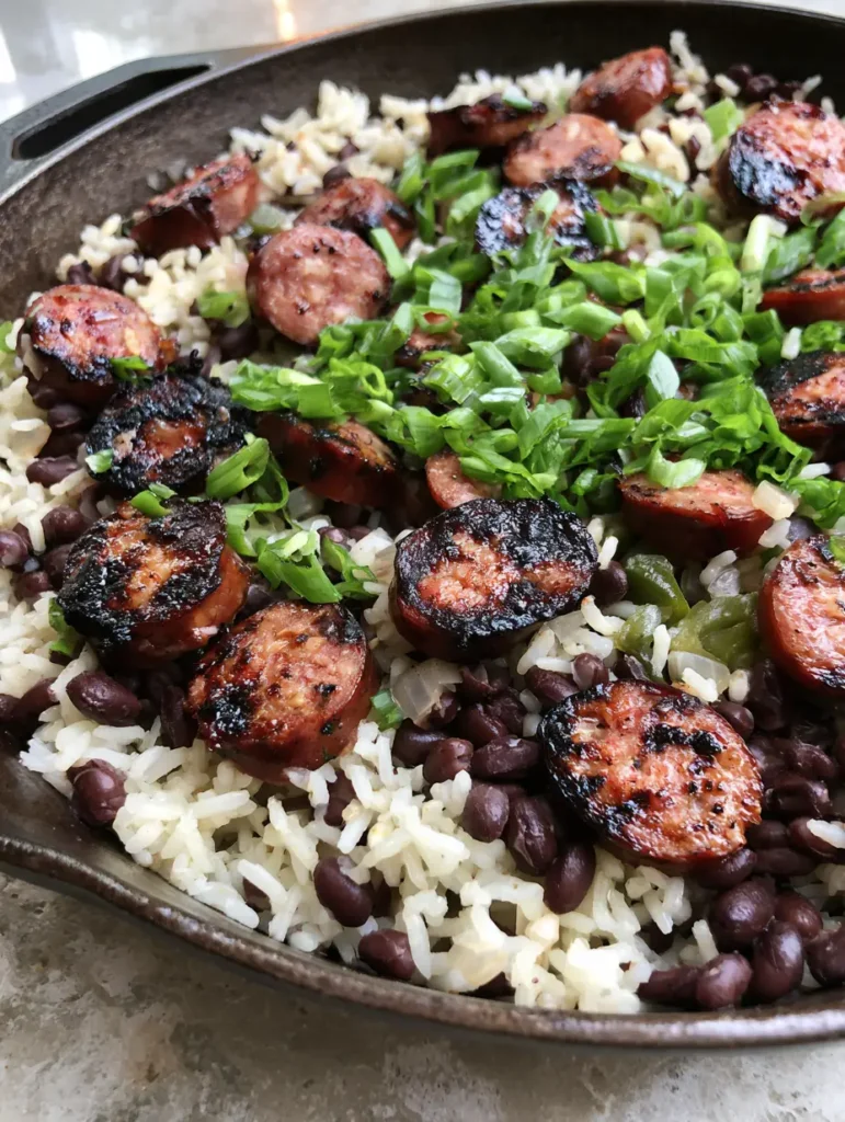 One-Pot-Gericht mit Würstchen: Das ultimative 30-Minuten-Feierabendessen 1 Servierfertiges One-Pot-Gericht mit Würstchen in einer dunklen Pfanne auf einem Steintisch.