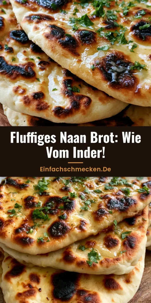 Mehrere Stücke warmes Naan Brot Rezept mit Knoblauchbutter und Koriander auf einem Holzbrett gestapelt.