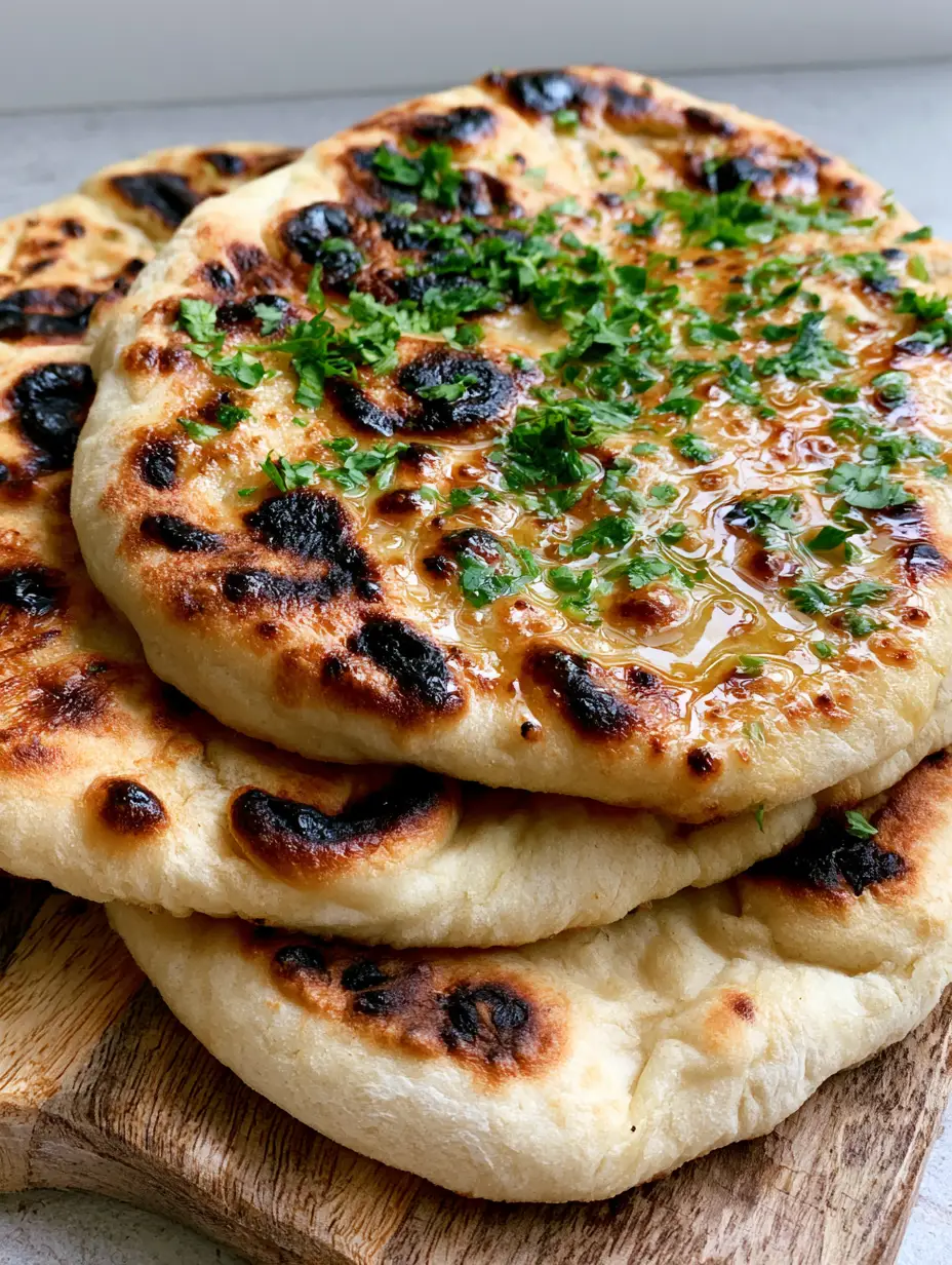 Nahaufnahme von frisch gebackenem Naan Brot mit dunklen Röstaromen und glänzender Butteroberfläche. (Naan Brot Rezept)