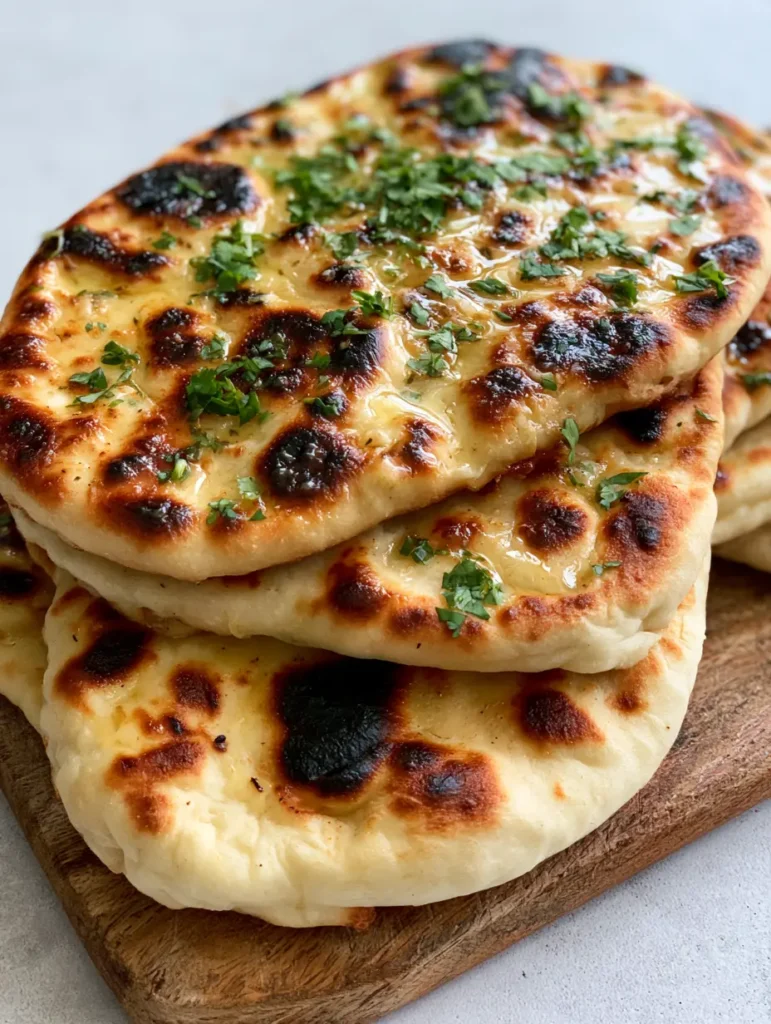 Detailansicht der weichen, luftigen Krume eines frisch gebackenen Naans. (Naan Brot Rezept)