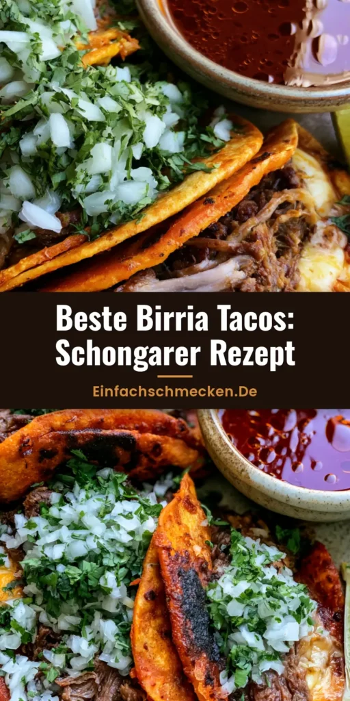 Birria Tacos Rezept: Saftiges Beef, knuspriger Käse und die ultimative Consommé 4 Drei knusprige Birria Tacos mit geschmolzenem Käse, Zwiebeln und Koriander neben einer Schale roter Consommé. (Birria Tacos Rezept)