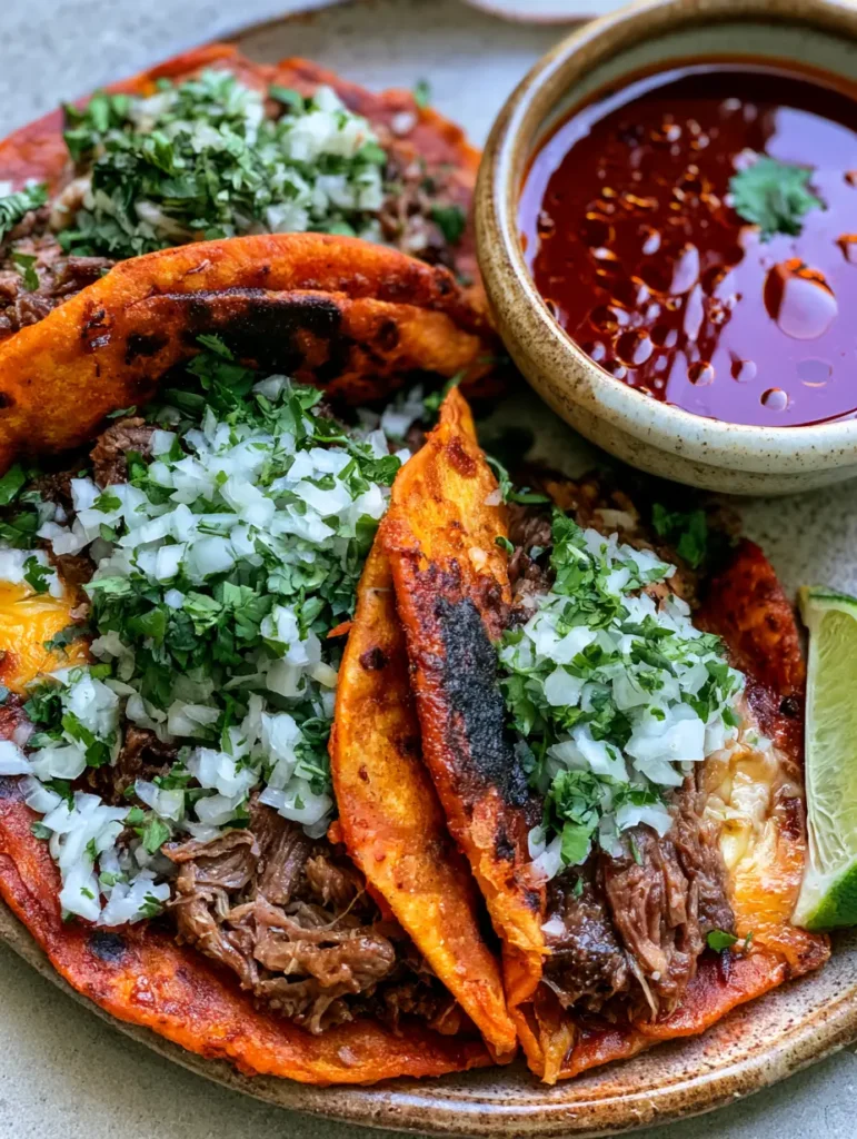 Nahaufnahme von oben: Drei Birria Tacos auf einem rustikalen Teller, garniert mit Limetten und Koriander. (Birria Tacos Rezept)