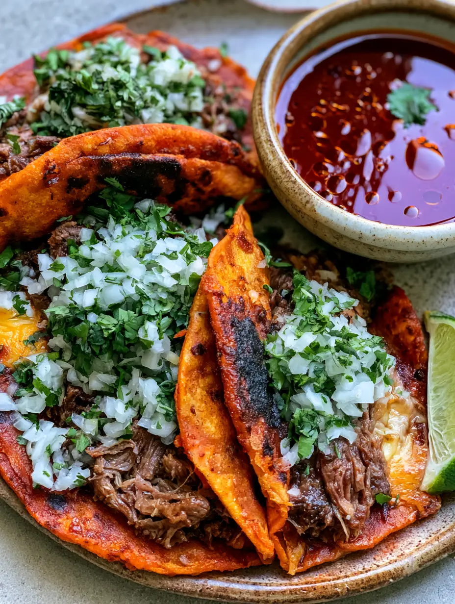 Birria Tacos Rezept: Saftiges Beef, knuspriger Käse und die ultimative Consommé 3 Nahaufnahme von oben: Drei Birria Tacos auf einem rustikalen Teller, garniert mit Limetten und Koriander. (Birria Tacos Rezept)