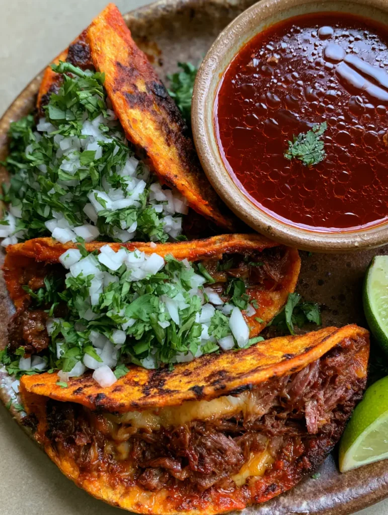 Birria Tacos Rezept: Saftiges Beef, knuspriger Käse und die ultimative Consommé 1 Detaillierte Ansicht der Consommé mit Fetttröpfchen und der Fleischfüllung im Birria Taco Rezept.