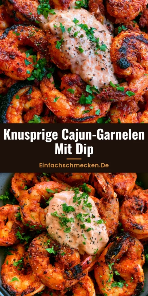 Garnelen Rezepte: Würzige Cajun-Garnelen mit cremiger Zitrussauce 3 Draufsicht auf knusprige Cajun-Garnelen in einer mattgrauen Schüssel mit cremiger Sauce und Petersilie. (Garnelen Rezepte)