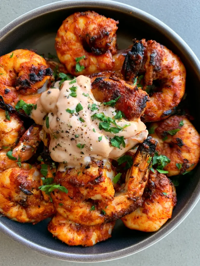Nahaufnahme von scharf angebratenen Jumbo-Garnelen mit Cajun-Kruste und frischen Kräutern. (Garnelen Rezepte)