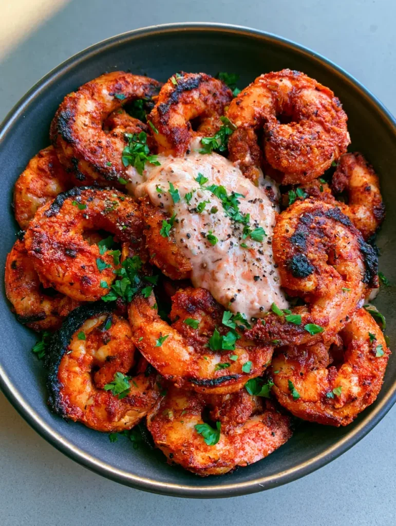 Garnelen Rezepte: Würzige Cajun-Garnelen mit cremiger Zitrussauce 1 Pfannengebratene Garnelen in einer cremigen Sauce serviert in einer dunklen Keramikschale. (Garnelen Rezepte)