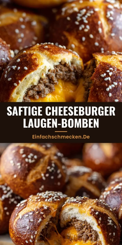 Cheeseburger Laugen-Bomben: Das ultimative Rezept für herzhafte Pretzel-Snacks 4 Nahaufnahme einer Cheeseburger Laugen-Bombe, die auseinandergebrochen ist und geschmolzenen Cheddar sowie Hackfleisch zeigt.