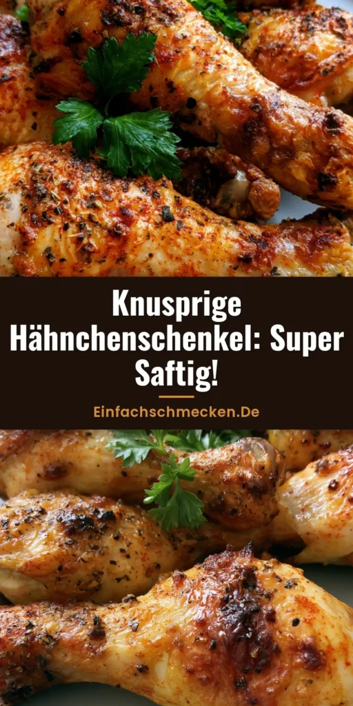 Knusprige Hähnchenschenkel aus dem Ofen mit goldbrauner Haut und frischer Petersilie auf einem grauen Teller.