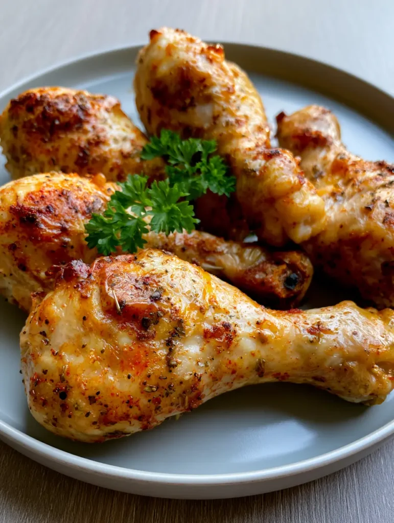 Nahaufnahme von Hähnchenschenkeln aus dem Ofen mit Paprika-Gewürz und glänzender Haut.
