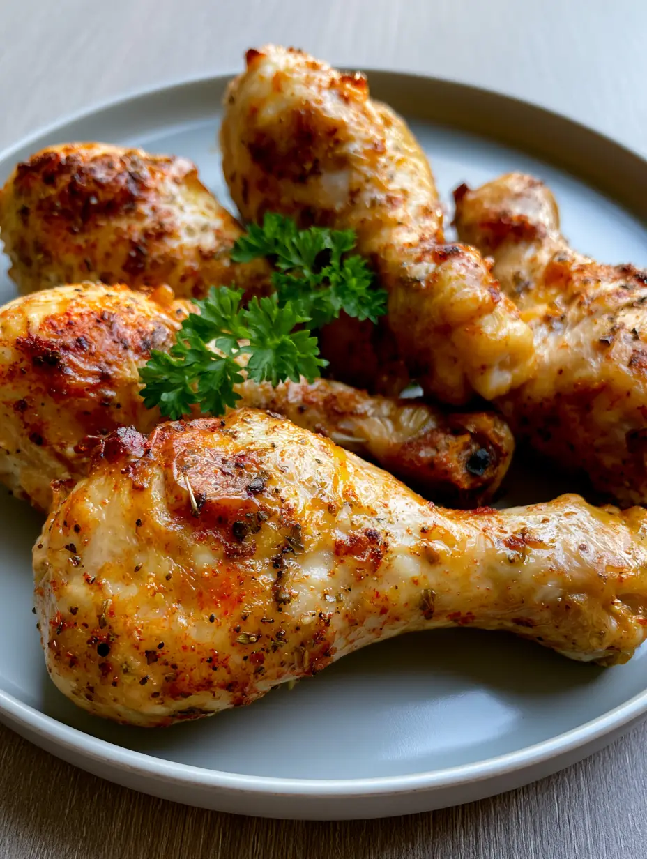 Nahaufnahme von Hähnchenschenkeln aus dem Ofen mit Paprika-Gewürz und glänzender Haut.