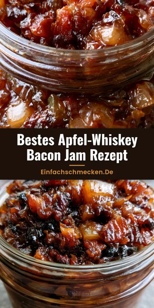 Ein Glas hausgemachtes Bacon Jam Rezept mit Äpfeln und Whiskey auf einem Küchentisch.
