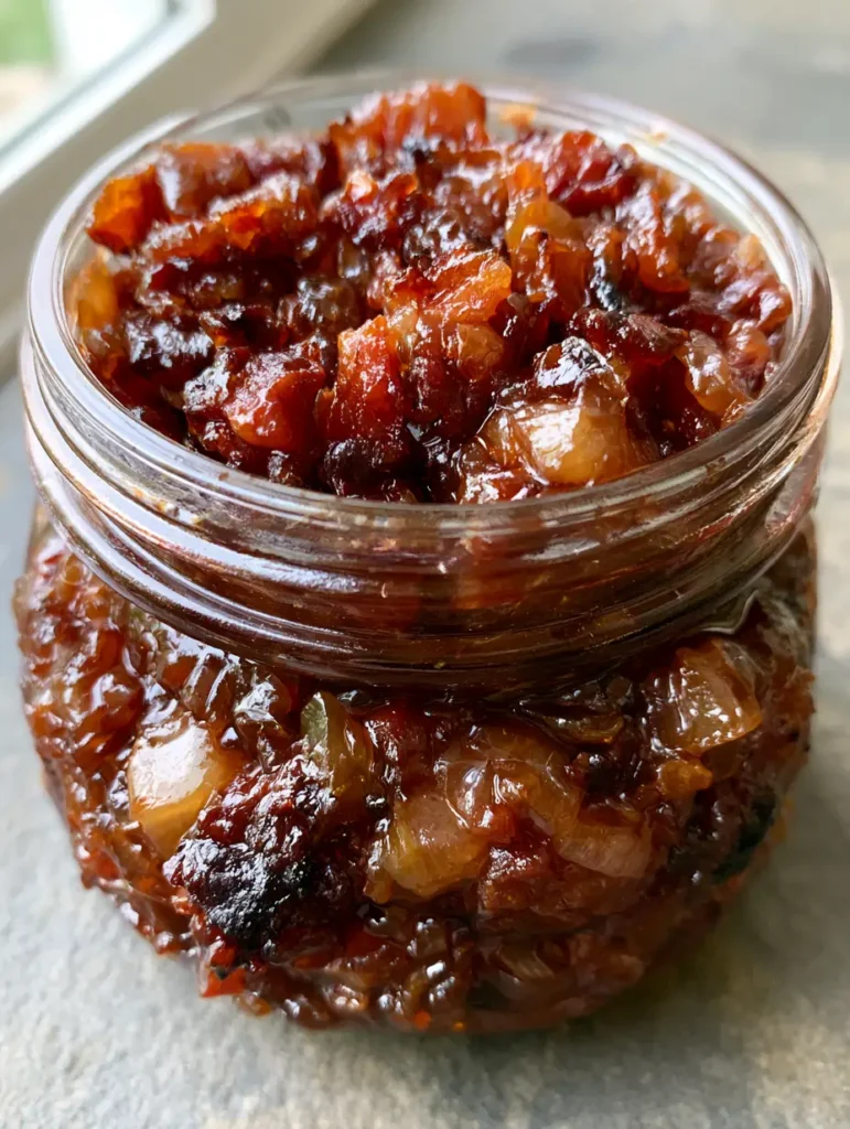 Nahaufnahme von Bacon Jam in einem Einmachglas mit sichtbaren Speckstücken und Apfelwürfeln. (Bacon Jam Rezept)