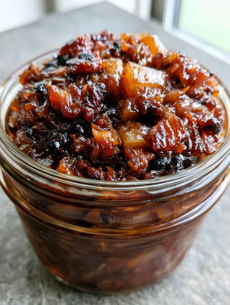 Serviervorschlag für das Bacon Jam Rezept in einem rustikalen Ambiente.