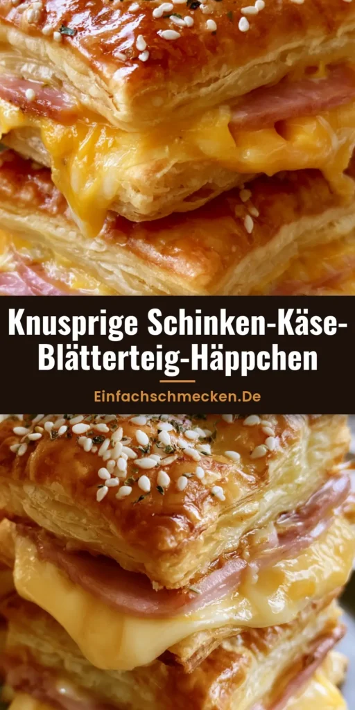 Schinken Käse Blätterteig: Der ultimative knusprige Snack für jede Gelegenheit 3 Gestapelte Schinken Käse Blätterteig Quadrate mit geschmolzenem Käse und Sesam Kruste auf einem Teller.