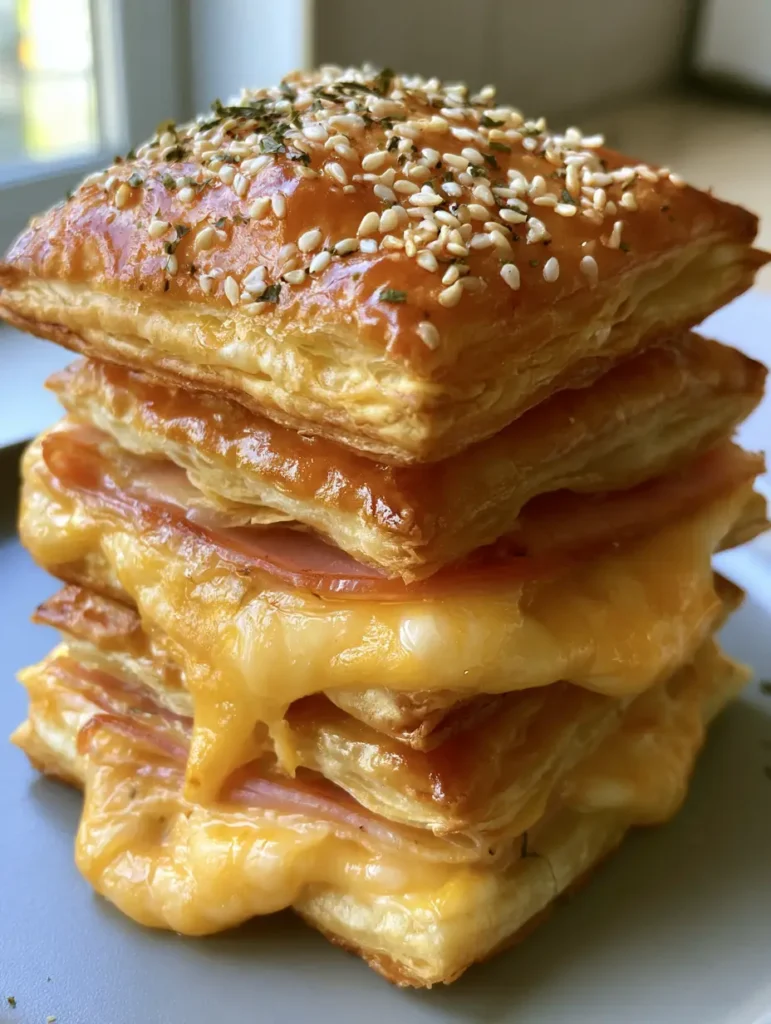 Nahaufnahme von Schinken Käse Blätterteig Taschen mit glänzender Kruste und Petersilie.