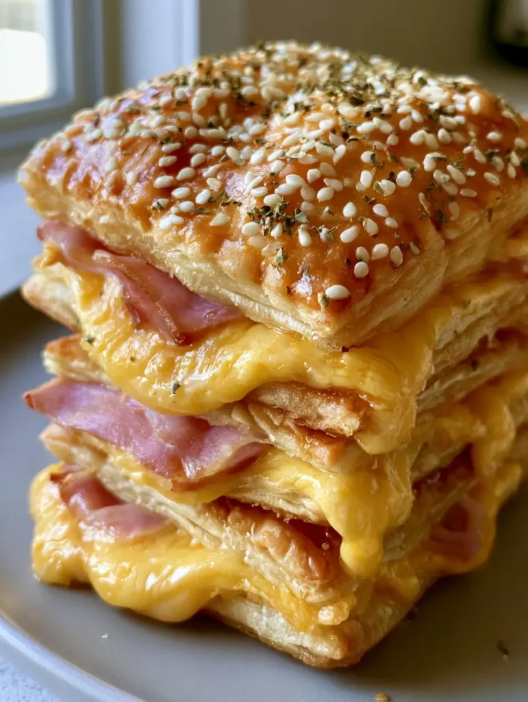 Schinken Käse Blätterteig: Der ultimative knusprige Snack für jede Gelegenheit 1 Ein Stapel frisch gebackener Schinken Käse Blätterteig Taschen mit zerlaufendem Emmentaler.