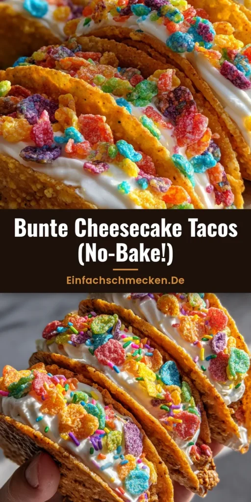Mehrere bunte Cheesecake Tacos aus Frucht-Zerealien mit dicker weißer Creme-Füllung auf einem hellen Untergrund.