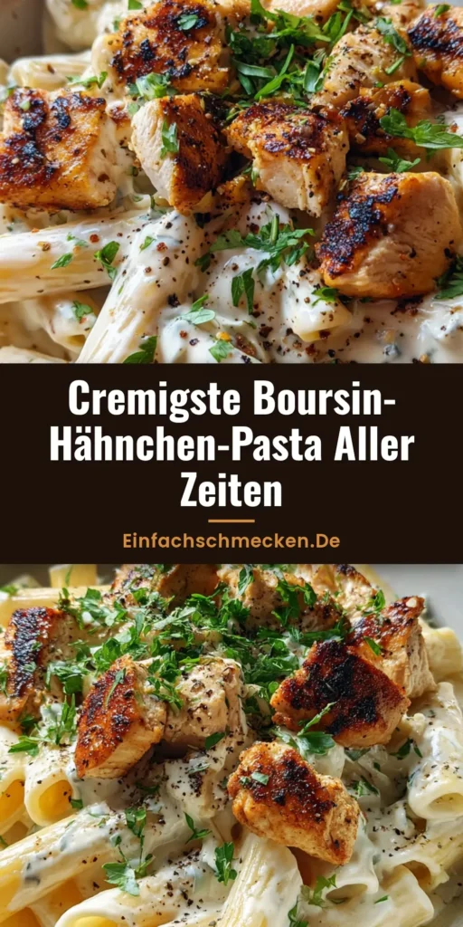Boursin-Hähnchen-Pasta: Das ultimative 20-Minuten-Rezept für Feierabend-Genießer 4 Draufsicht auf eine Schale cremige Boursin-Hähnchen-Pasta mit goldbraunem Hähnchen und Petersilie.