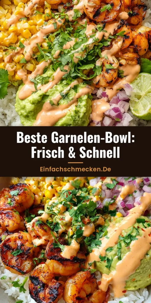 Gegrillte Garnelen-Bowl mit Avocado und Spicy Lime Sauce 3 Nahaufnahme einer Gegrillten Garnelen-Bowl mit Avocado-Mash, Mais-Salsa und Spicy Lime Sauce in einer Keramikschüssel.