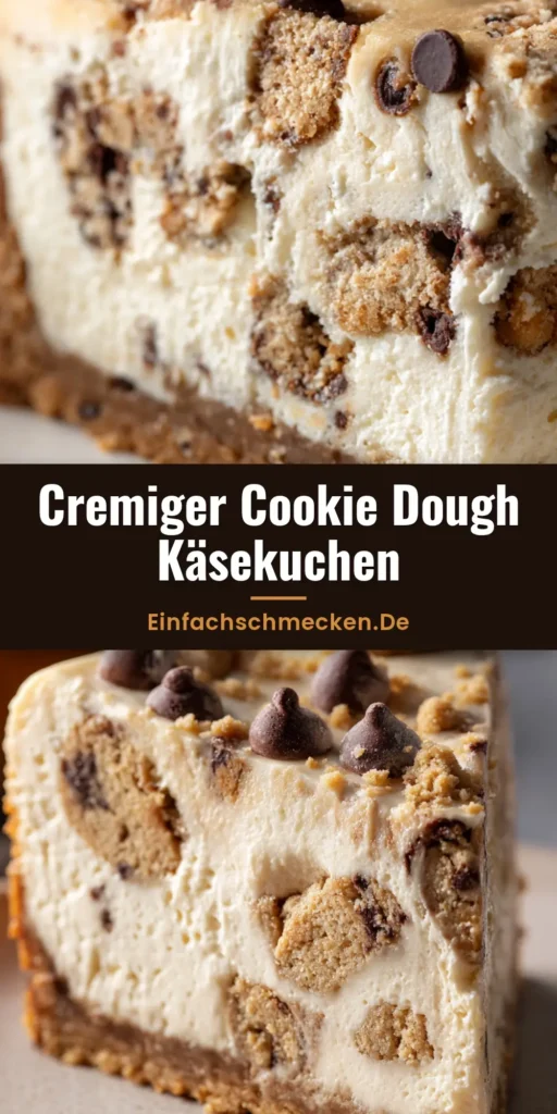 Cookie Dough Käsekuchen: Der ultimative Guide für den cremigsten Cheesecake mit Keksteig 4 Ein großes Stück Cookie Dough Käsekuchen auf einem Teller, Fokus auf die cremige Füllung und die Keksteig-Chunks.