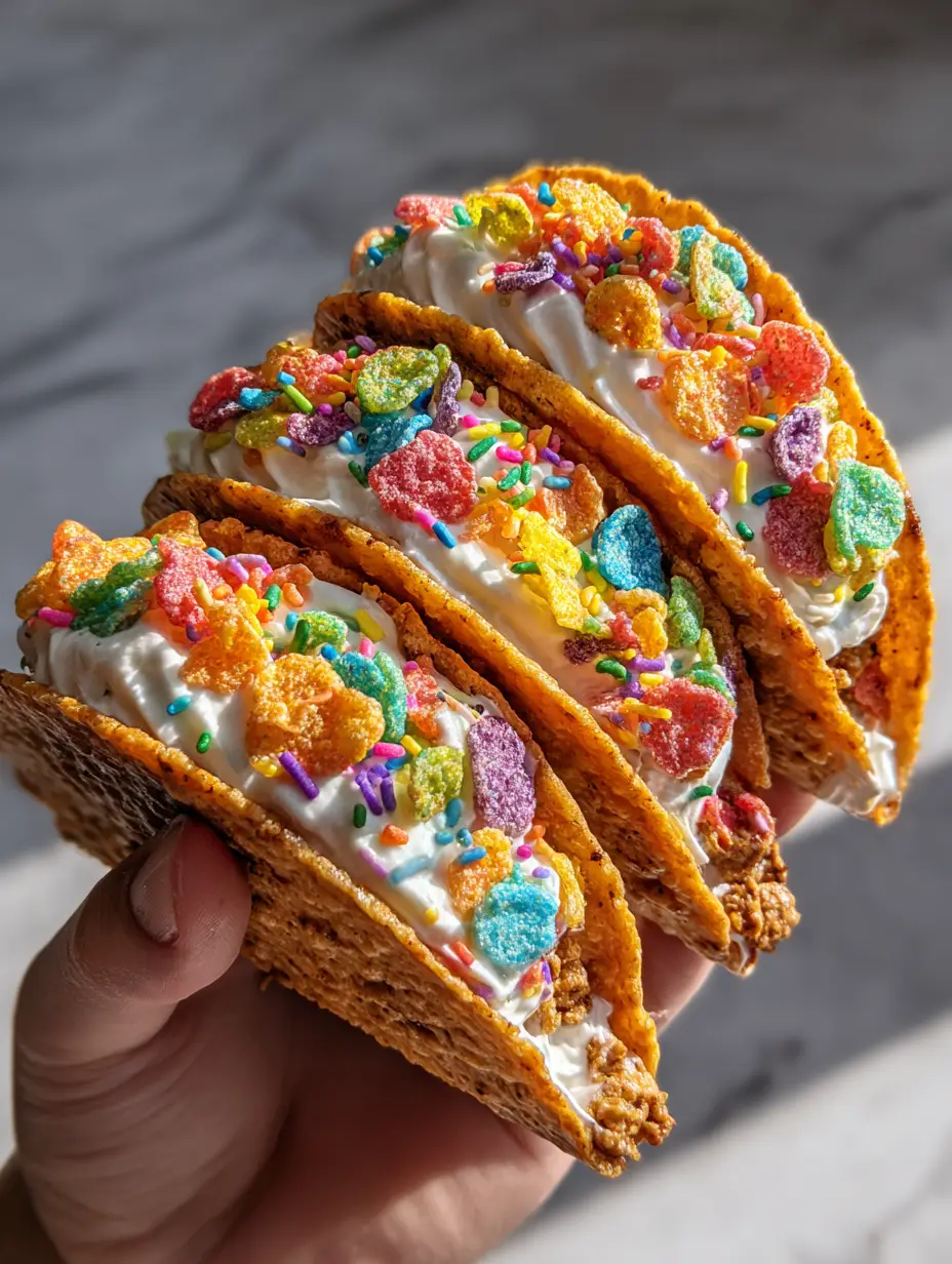 Nahaufnahme von bunten Dessert-Tacos gehalten in der Hand, gefüllt mit weißer Cheesecake-Creme.