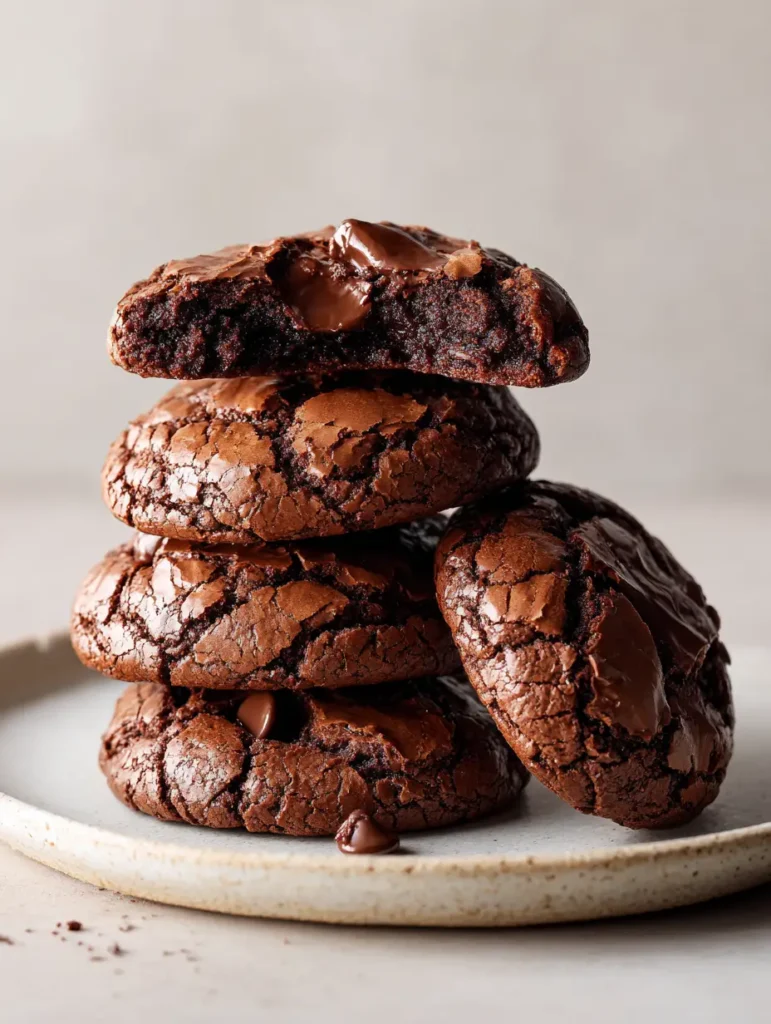 Brownie Cookies Rezept: Außen knusprig, innen fudgy & unwiderstehlich 1 Mehrere Brownie Cookies auf einem rustikalen weißen Teller, die das typische Rissmuster auf der Oberfläche zeigen.