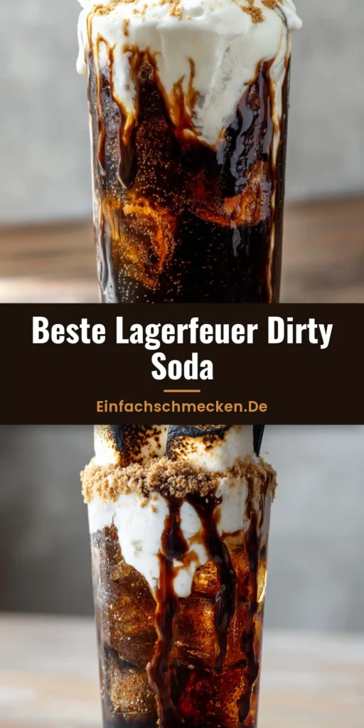 Ein hohes Glas Dirty Soda mit Coca-Cola, Eis, einer dicken Sahneschicht, gerösteten Marshmallows und Schokoladensirup. (Dirty Soda Rezept)