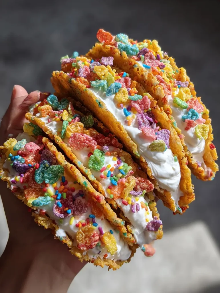 Verschiedene Cheesecake Tacos aus bunten Knusper-Flocken mit cremiger Füllung auf einem Tisch arrangiert.