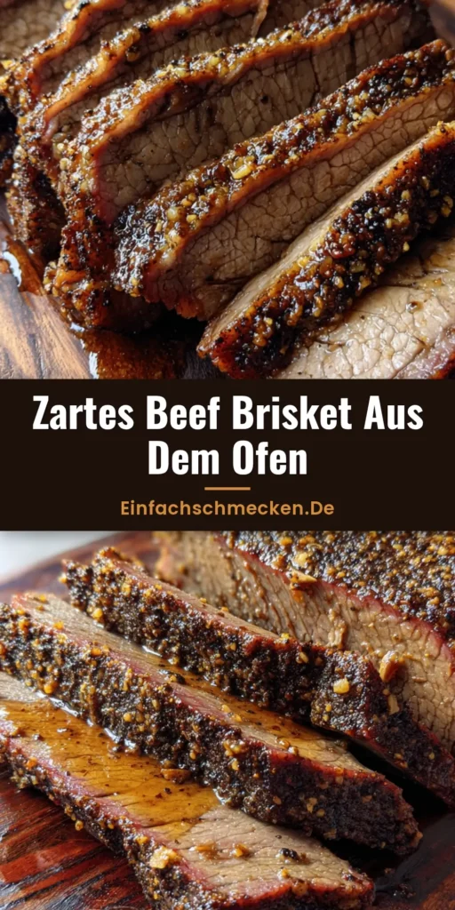 Nahaufnahme von saftigen Beef Brisket Scheiben mit dunkler Pfefferkruste auf einem rustikalen Holzbrett. (Beef Brisket Ofen Rezept)