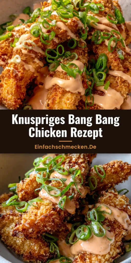 Bang Bang Chicken: Das ultimative Rezept für knuspriges Hähnchen mit cremiger Sauce 3 Knuspriges Panko-Hähnchen mit cremiger oranger Bang Bang Sauce und Frühlingszwiebeln in einer Schüssel.