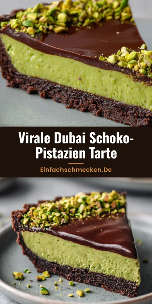 Dubai Schokolade Tarte: Das virale Rezept mit cremiger Pistazienfüllung 4 Ein vertikales Foto einer angeschnittenen Dubai Schokolade Tarte mit sichtbaren Schichten aus Pistazienmus und dunkler Ganache.