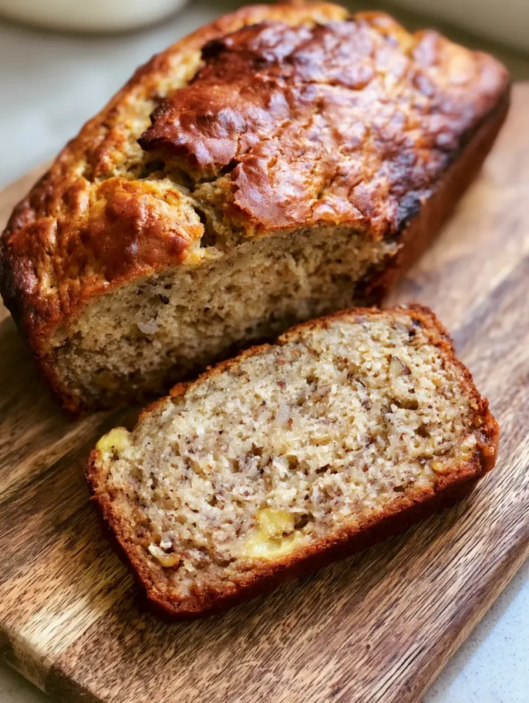 Nahaufnahme eines aufgeschnittenen Bananenbrots mit sichtbaren Bananenstücken und Walnüssen. (Bananenbrot Rezept)